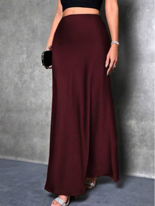 Solid Color High Waist Elegant Charmeuse Satin Skirt, Women Plus Size Midi Skirt, Suitable For Spring, Summer, Autumn