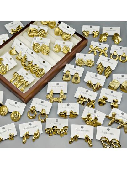 35 pares de aretes de acero inoxidable, aretes de botón y múltiples sets de moda aleatorios