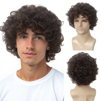 Men's Short Curly Bobo Wig, Brown Synthetic Hair Wig, Fluffy Afro Curly Wig For Men, Teens, Daily Wear, Party, Cosplay, Halloween Costume, REEWES Wig