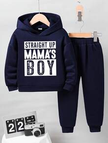 Toddler Letter Print Warm Hoodie Sweatshirt And Pants Set - Royal Blue - View 1