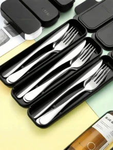 4pcs Portable Stainless Steel Cutlery Set, Including Spoon, Fork, Knife, Suitable For Picnic, Work, Camping, School Travel, With Black Storage Box, Dishwasher - Black - View 1