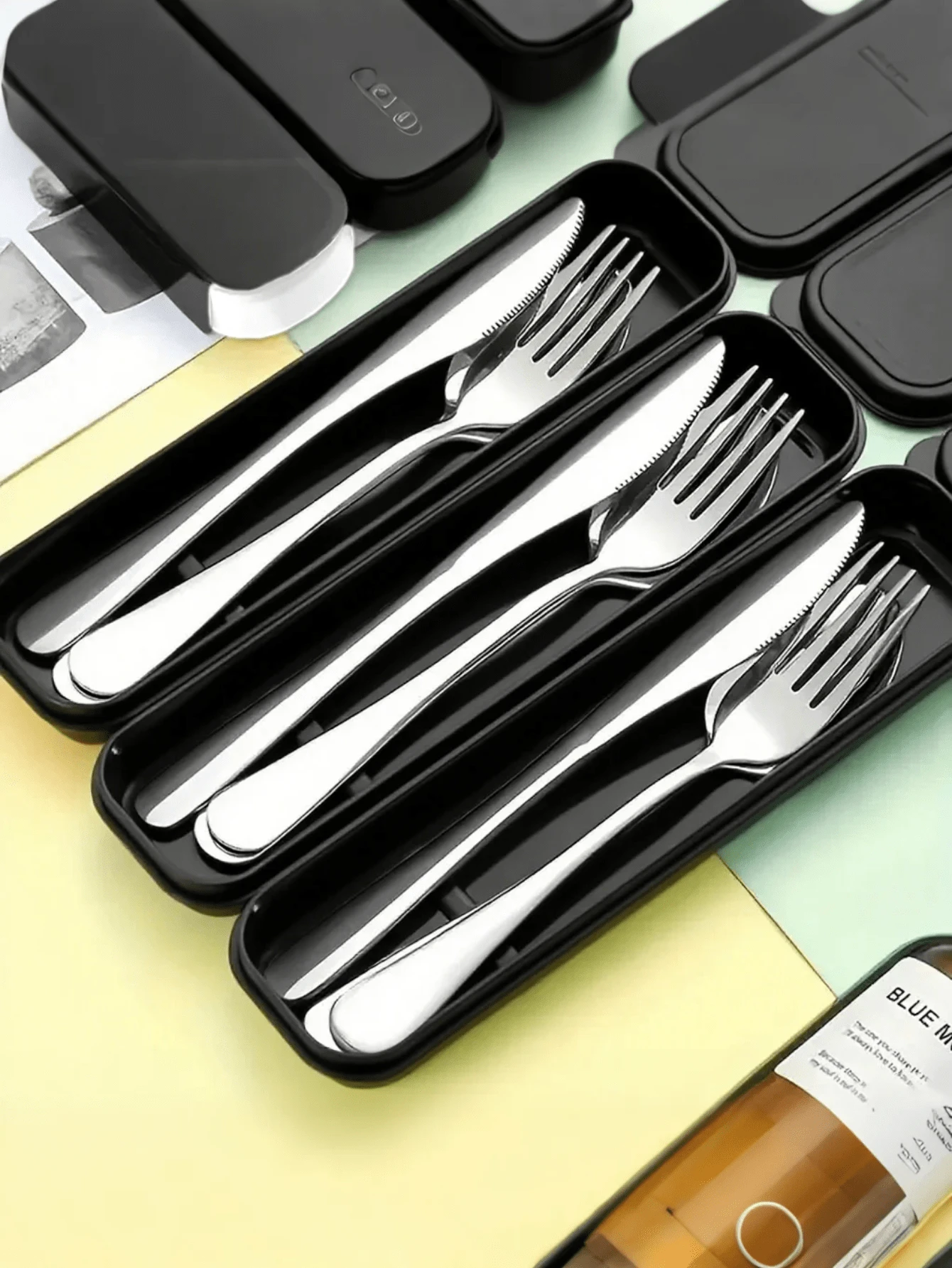 4pcs Portable Stainless Steel Cutlery Set, Including Spoon, Fork, Knife, Suitable For Picnic, Work, Camping, School Travel, With Black Storage Box, Dishwasher - Black - View 1