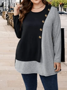 Áo thun dài tay cổ tròn dáng rộng, thời trang, phối màu độc đáo với hàng cúc phía trước. - Xám đậm - Xem 3
