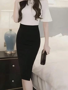 Chân váy bút chì cạp cao cài cúc bên hông thanh lịch, thích hợp cho dịp Giáng sinh, Thu/Đông, Xuân. - màu đen - Xem 2