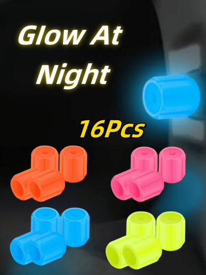 16PCs Glow In The Dark Tire Valve Stem Caps - ABS Plastic Air Cap Cover For Cars, Trucks, Bikes - Green, Blue, Pink, Glowing Red In The Dark - Round, Durable And Stylish Accessories For Increased Nighttime Visibility | Vibrant Valve Covers | Lightweight Plastic Cap, Tire Valve Stem Caps