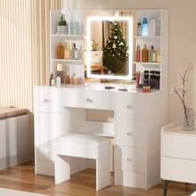 Tocador con taburete y luz LED ajustable, espejo y cajón - Perfect For Organizing Makeup, Skincare, Elegant Vanity|Decorative Vanity, Vanity Furniture, Compact For Small Space, Bedroom Decor Gift, Perfect Gift For Women Girls , Ideal para regalos de Navidad y Halloween. - Blanco - Ver 3