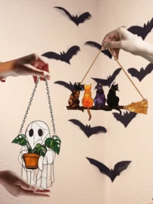 1-Piece Cute Ghost & Plant Acrylic Halloween Window Decoration, Spooky Haunted House Vibe – With 4 Random Cat Lanyards & Chains For Easy Hanging, For Halloween Party & Haunted House Decor