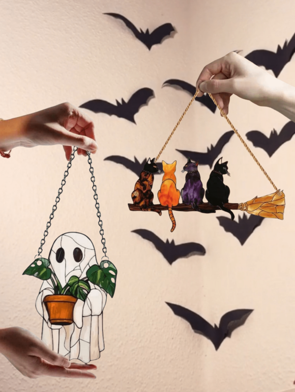 1-Piece Cute Ghost & Plant Acrylic Halloween Window Decoration, Spooky Haunted House Vibe – With 4 Random Cat Lanyards & Chains For Easy Hanging, For Halloween Party & Haunted House Decor