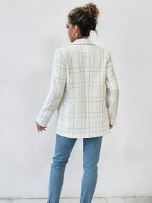 Elegant Tweed Open Front Blazer With Flap Pockets,Long Sleeve Plaid Lightweight Jacket For Work, Casual, And Office Outfits - White - View 3