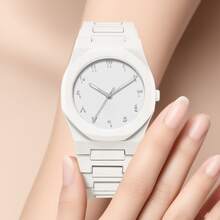 男女通用白色橡胶表带石英表，运动休闲风格，新颖设计，可调节表带，圆形表盘饰有铆钉，适合日常佩戴、生日礼物、派对、节日聚会等场合，是送给自己或朋友的理想之选。 - 白色 - 查看 3