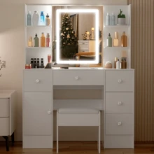 Tocador con taburete y luz LED ajustable, espejo y cajón - Perfect For Organizing Makeup, Skincare, Elegant Vanity|Decorative Vanity, Vanity Furniture, Compact For Small Space, Bedroom Decor Gift, Perfect Gift For Women Girls , Ideal para regalos de Navidad y Halloween. - Blanco - Ver 6