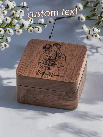 1 pièce Boîte à bague en bois personnalisée - Nom gravé personnalisé et design de bague de mariage, boîte à bijoux en bois de haute qualité convenant pour les cadeaux de fiançailles, d'anniversaire, d'anniversaire de mariage pour épouse, petite amie, mariée. Design élégant, style romantique, structure en bois durable, finition naturelle, artisanat de haute qualité, cadeau d'anniversaire