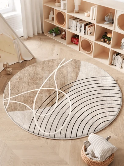 1 块圆形地毯，米色现代几何设计，防滑，易于清洁，多种尺寸可选，适用于玄关、客厅、办公室、卧室、书房、室内地毯、防滑、可洗地毯、房间地毯、客厅地毯、卧室地毯、床边地毯、卧室装饰、家居装饰、客厅装饰