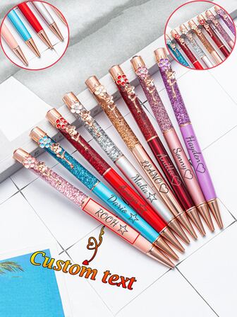 Customized Text LOGO Luxury Metal Plum Blossom Glitter Crystal Ball Pen, Twist Out Refill Creative DIY Gift Ballpoint Pen, Inspirational Signing Pen, Bridesmaid Gift, Suitable For Wedding Favors, Back To School, Office, Student, Teacher, Friends, Family, Coworkers