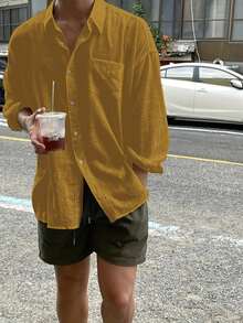 男士休闲宽松长袖纯色纽扣亚麻衬衫，秋季 - 黃色 - 查看 2