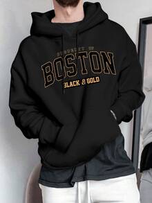 Men's Varsity Style Hooded Jacket With Letter Print - Black - View 1