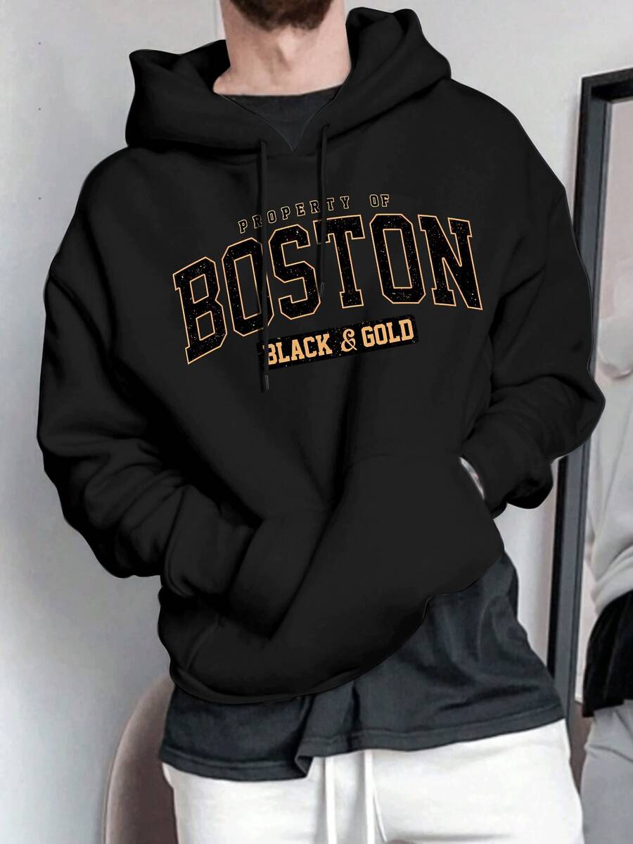 Men's Varsity Style Hooded Jacket With Letter Print - Black - View 1