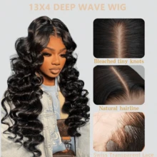 10-34 Inch 200% Density 13x4 Loose Deep Wave Wig Lace Fontal Wig Human Hair Pre Plucked Human Hair Wigs For Women Human Hair HD Transparent Lace Frontal Wig Deep Curly Wigs For Beginners - SNatural - 查看 4