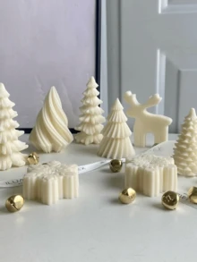 限量版圣诞蜡烛模具，DIY 3D圣诞树、姜饼人、雪花、房屋造型，手工香薰蜡烛装饰，硅胶材质，易于拆卸和重复使用 - 白色 - 查看 2