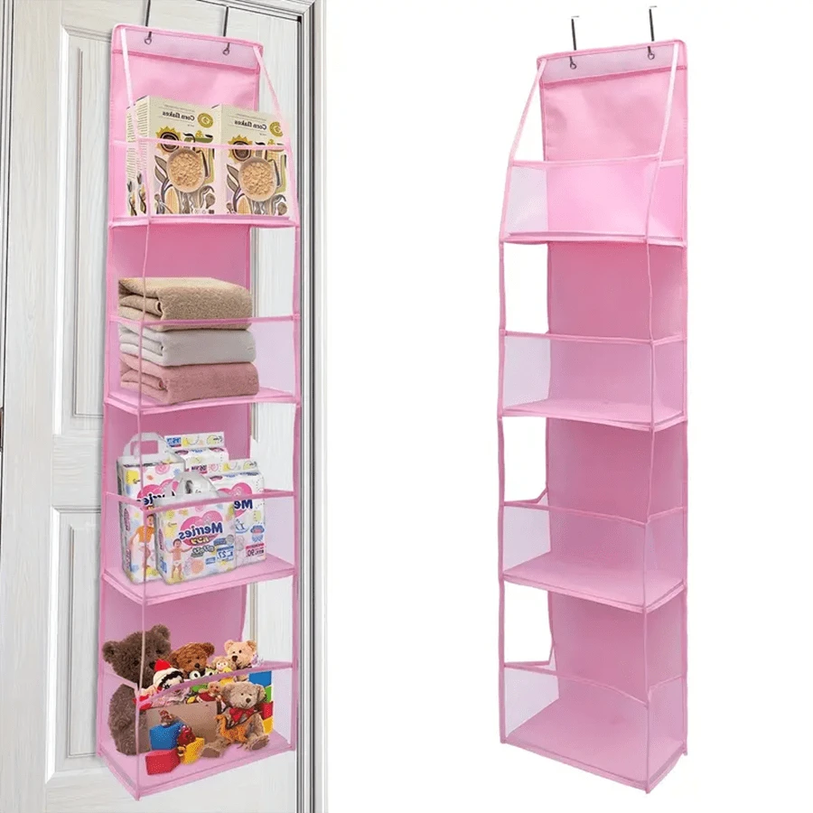 1pc 4 Layer Over The Door Hanging Organizer,Cosmetics Wall Hanging Storage Organizer,Large Capacity Mesh Holder With Clear Pockets Hanging Storage Bag,For Kitchen Nursery Bathroom Closet,Bedroom,Dorm,Diapers,Toys.(4 Layer Mesh Pink)