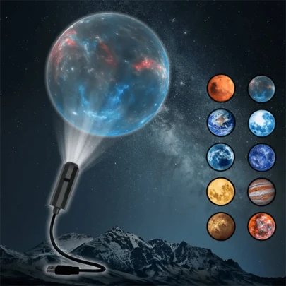 USB供电LED星夜投影灯，3/6/10颗可更换行星投影仪，360°旋转，便携，带天花板照片背景装饰，适用于卧室、客厅、小夜灯