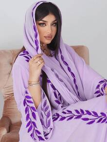 Hafizah 中东时尚街头风格夏季雪纺长款刺绣粉色圆领连衣裙配头巾 - 紫色 - 查看 3