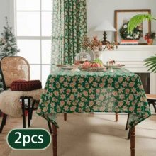 1pc/2pcs Christmas Gingerbread Man Printed Green & White Tablecloth, Table Runner, Table Runner, Dining Napkin - Multicolor - View 28