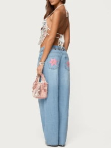 Women's Denim Pants Y2K Jeans Retro Embroidered Pattern Printed Loose Casual Jeans Straight Leg Pants - 霧霾藍 - 查看 1