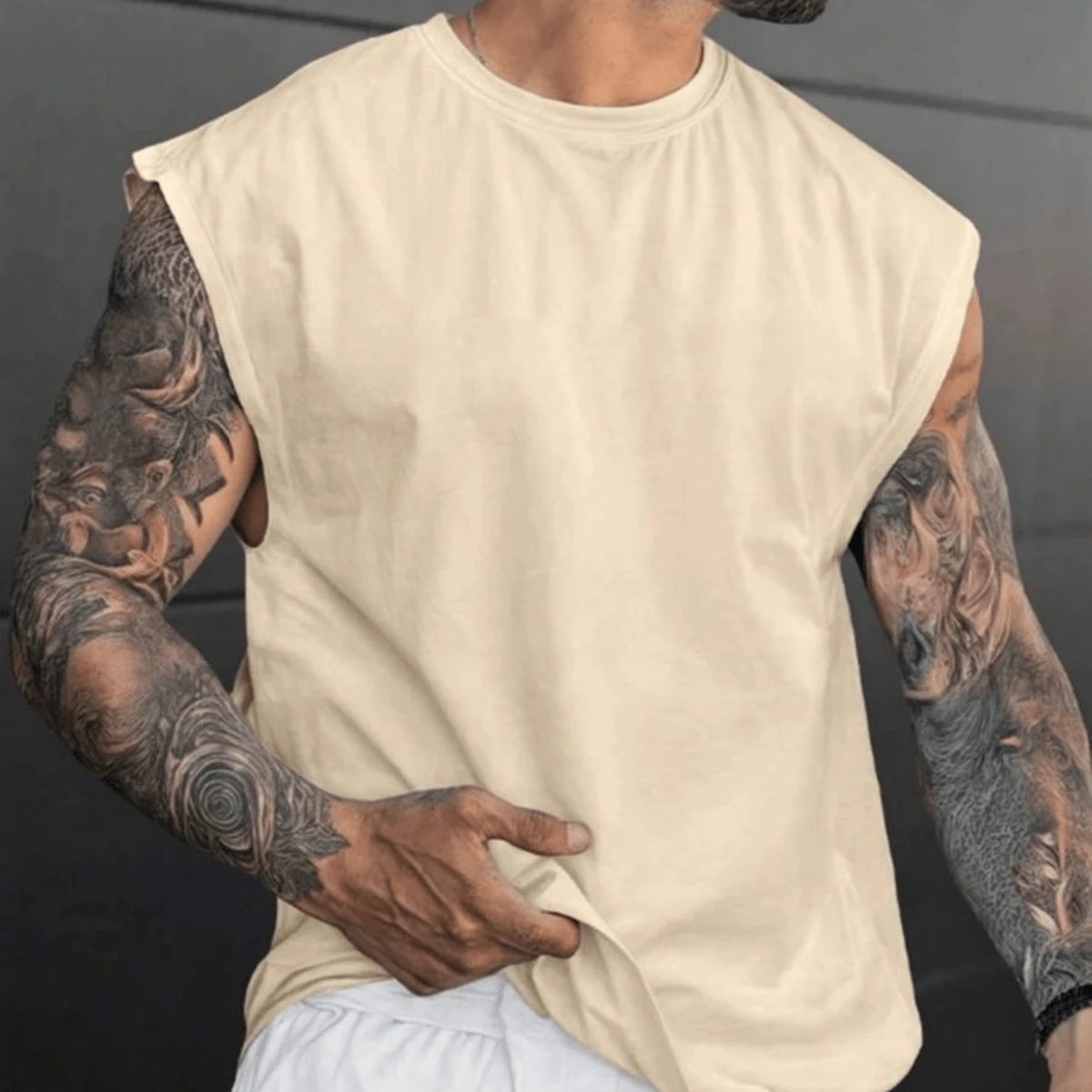 Men's Plain Tank Top New Arrival Comfortable Premium Cotton Gym Top Lightweight Durable - 米色 - 查看 1