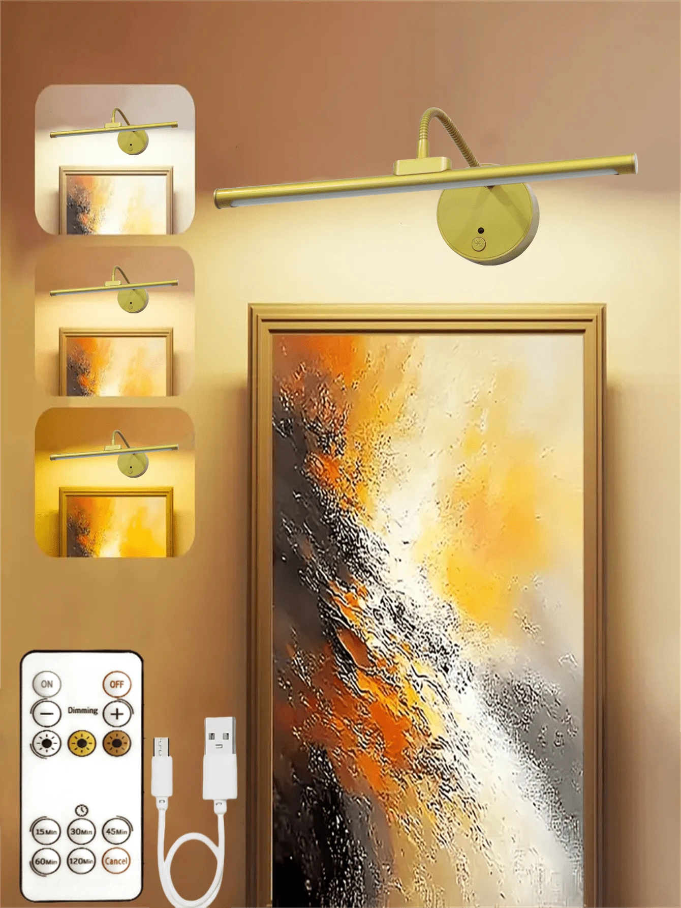 1 Stück USB aufladbare Bildbeleuchtung, Badezimmerspiegelbeleuchtung, mit Fernbedienung zum Dimmen und Timer, kabellose Kunstbeleuchtung, Schwarz/Gold optional, geeignet für Wandbilder, Fotorahmen, Kunstporträts, Dartscheiben (1800mAh) - USB - Übersicht 1