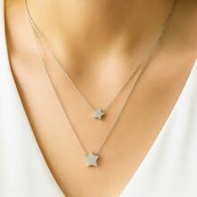Double Silver Stars Stainless Steel Necklace - 銀色 - 查看 1