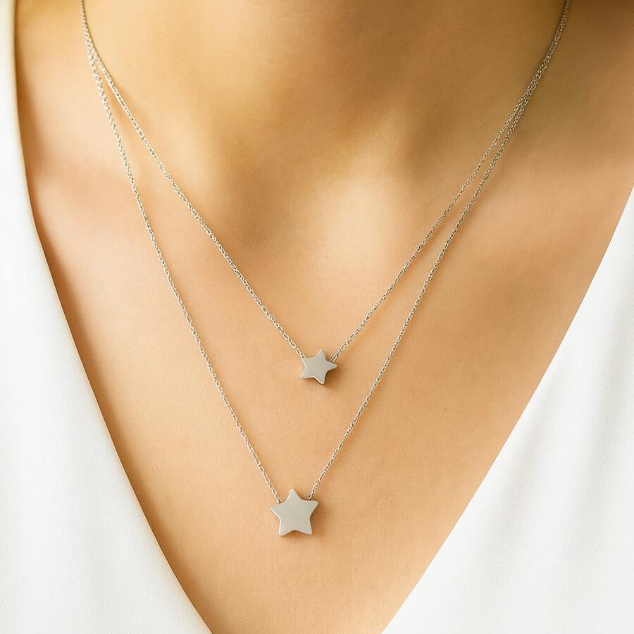 Double Silver Stars Stainless Steel Necklace - 銀色 - 查看 1