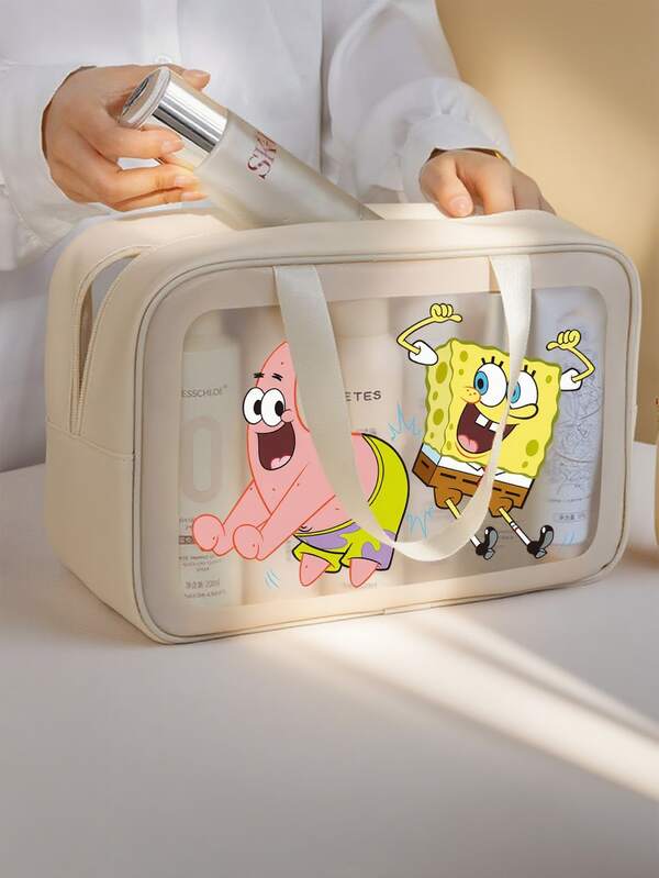 Set de 3 bolsas de aseo de viaje impermeables con estampado de Bob Esponja, bolsa de cosméticos grande y portátil con diseño de Patricio estrella, adecuada para almacenar cosméticos y artículos de viaje esenciales - se puede usar como organizador de viaje, bolsa de maquillaje, bolsa de almacenamiento de cosméticos, organizador de vacaciones, caja de cosméticos de gran capacidad, ideal para guardar lápiz labial, brochas de maquillaje, cuidado de la piel, teléfonos, monedas y artículos pequeños, excelente para el hogar, regalos, vacaciones y días festivos (Halloween, Navidad)