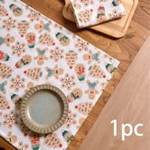 1pc/2pcs Christmas Gingerbread Man Printed Green & White Tablecloth, Table Runner, Table Runner, Dining Napkin - Multicolor - View 27
