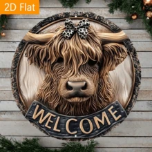 Cartel de bienvenida de vaca de las tierras altas 2D - Colgador de puerta resistente al agua, decoración de estilo rústico con impresión HD, 8x8 pulgadas, con agujeros perforados previamente para colgar en la pared, posición aleatoria de los agujeros - Multicolor - Ver 9