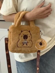 一套（手提袋+零钱包）棕色毛绒海豚斜挎包，可爱动物图案，休闲旅行必备，柔软毛绒面料，海豚耳机零钱包，卡通毛绒零钱包，钥匙扣，小物件收纳包，母亲节礼物，返校季礼物，妇女节礼物，节日礼物 - 彩色 - 查看 2