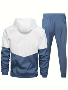 YINGHU 2pcs Men Casual Sports Suit, Hooded Zipper Color Block Jacket, Drawstring Pocket Sports Pants, Suitable For Spring/Autumn Fitness, Running, Sports - Blue and White - View 2