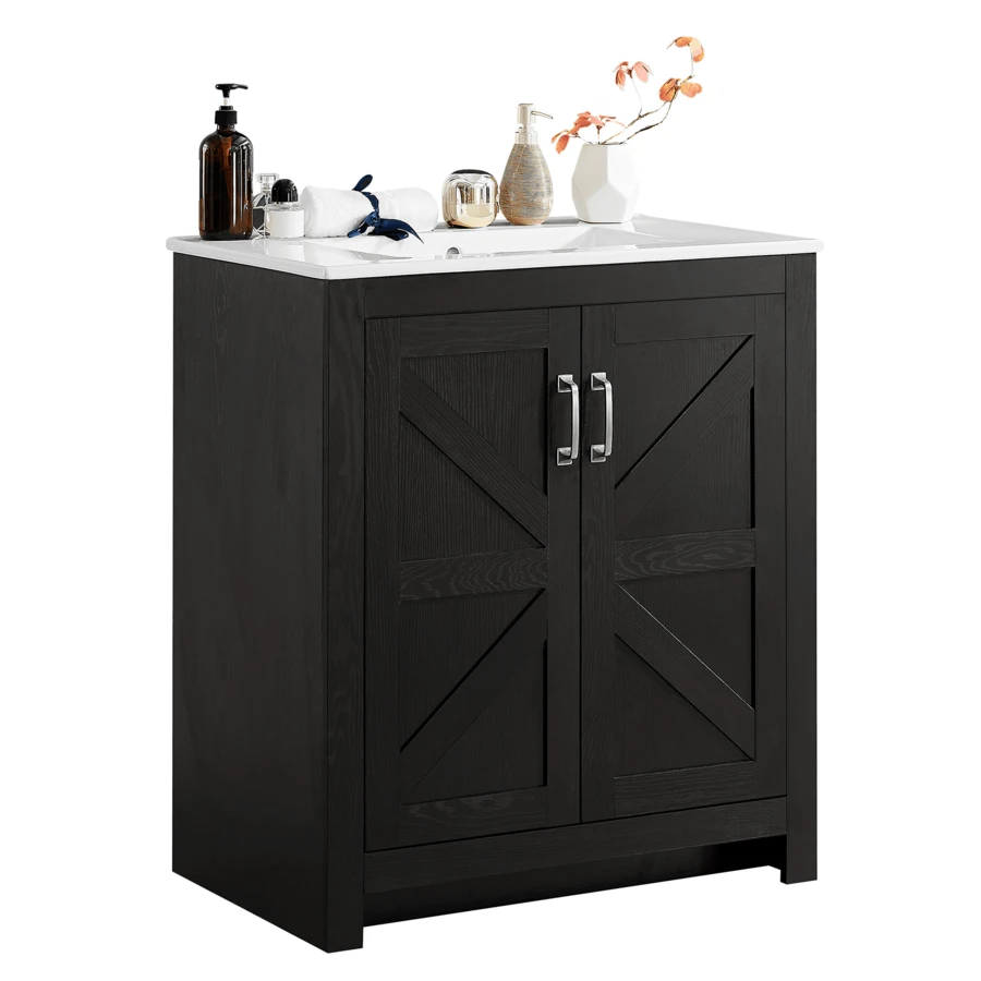 ONBRILL 24 Inch Bathroom Vanity With Sink, Farmhouse Single Sink Bathroom Vanities With Ceramic Basin & Soft-Close Door, Wood Storage Cabinet With Adjustable Shelf For Apartment & Small Space - 黑色 - 查看 1
