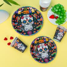 75pcs Halloween Paper Plates - Day Of The Dead Party Supplies Skull Disposable Plates, Cups, Napkins, Dessert/Dinner Plates For Halloween Skeleton Day Birthday Party Decorations