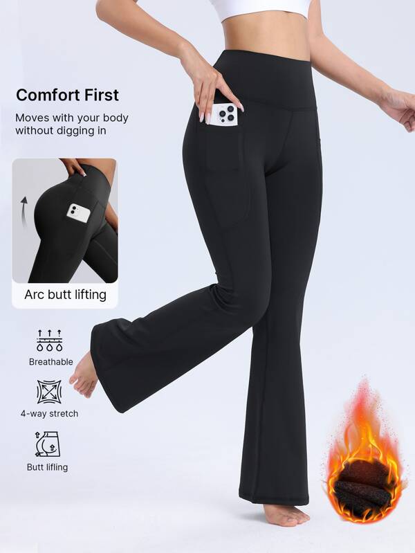 1pc Women's High Waist Butt Lifting Skinny Flare Pants, Fleece Lined Leggings For Autumn/Winter, Yoga Pants, Fitness Wear, Dance Outfit, With Criss-Cross Waist, Pockets, High Elasticity, Breathable, Moisture-Wicking, Suitable For Gym Workout, Running, Outdoor Sports, Cycling, Yoga, Pilates, Dancing, Ballet