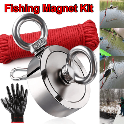 Up To 2000 Lbs Fishing Magnet Kit Pullforce Strong Neodymium + Carabiner +Rope, Not Only Powerful But Also Durable, Providing You With A Complete Set Of Tools For All Your Treasure Hunting Needs, Rotating Design That Ensures A Firm Lock During Retrieval, For Underwater Retrieval And Outdoor Treasure Hunting,  Hanging Items, Storing Garage Parts, And More.