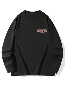 女式棉质长袖 T 恤，字母印花，宽松中长款上衣，秋冬，黑色，时尚别致