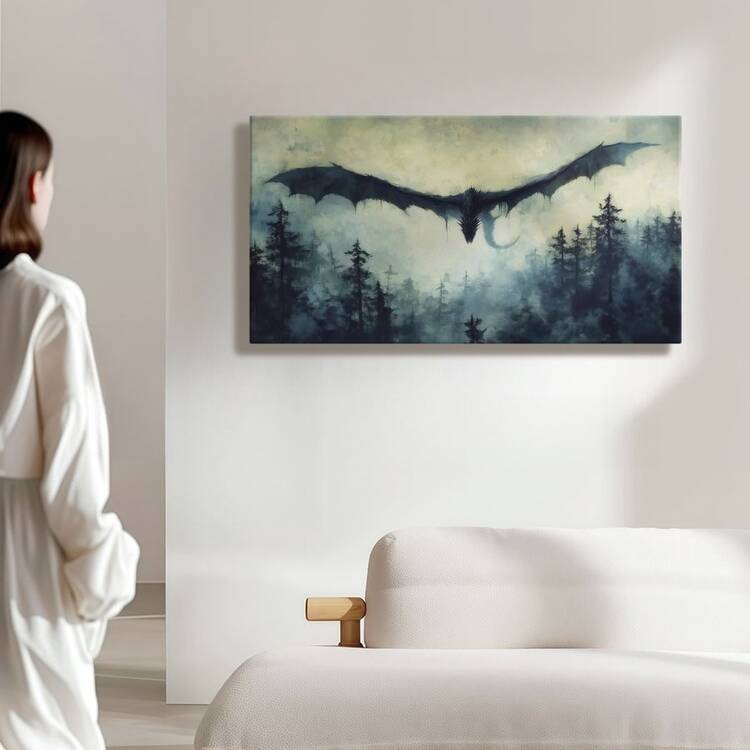 1pc Framed Wrapped Canvas Wall Art Vintage Print Black Dragon Soaring Through Cloudy Sky Canvas Classic Oil Painting Art Home Decor For Living Room, Bedroom, Office - 包裹式框架 - 查看 7