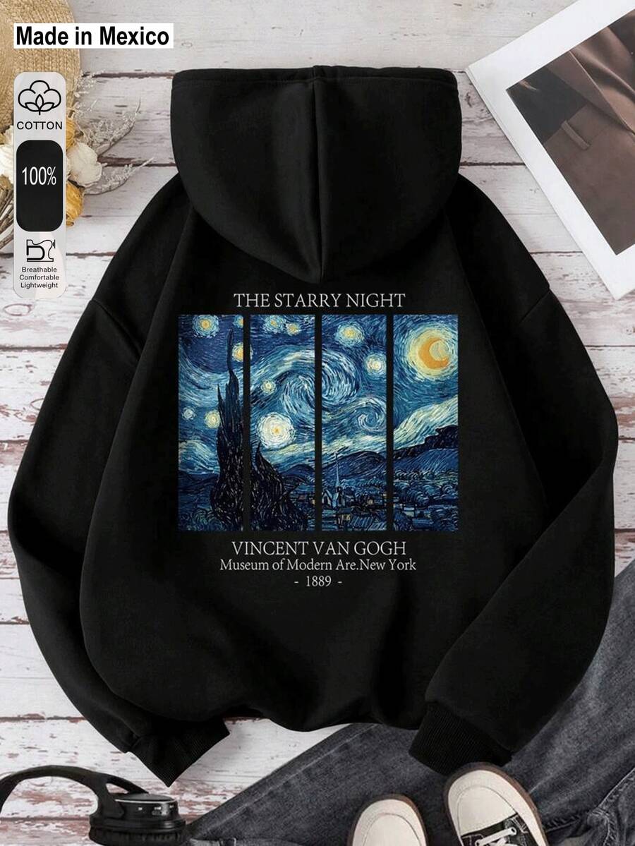 Francisca Sudadera con capucha negra de mujer con estampado del Cielo Estrellado de Van Gogh, para otoño/invierno - Negro - Ver 1