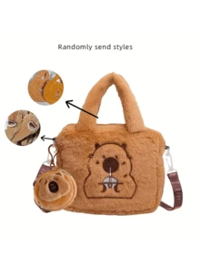 一套（手提袋+零钱包）棕色毛绒海豚斜挎包，可爱动物图案，休闲旅行必备，柔软毛绒面料，海豚耳机零钱包，卡通毛绒零钱包，钥匙扣，小物件收纳包，母亲节礼物，返校季礼物，妇女节礼物，节日礼物 - 彩色 - 查看 14