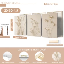 3件套现代墙面艺术海报，中性植物帆布墙画 - 简约花卉印花，米色调 - 现代自然装饰，带框或不带框均可，房间装饰，家居装饰，大学宿舍公寓装饰，酒店，家庭，客厅，卧室，浴室和办公室墙面装饰礼品
