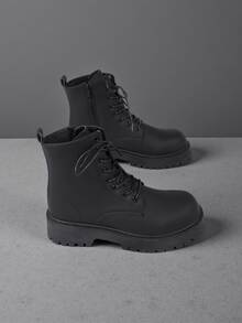 时尚哑光高帮男士踝靴，厚底，防滑，复古休闲靴，圆头，适合冬季户外 - 黑色 - 查看 6