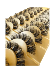 10 对浓密猫眼假睫毛，3D 仿貂毛蓬松纤细一体式睫毛，欧美风格 - 黑色 - 查看 2