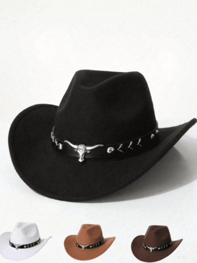 1 Stück klassischer Western Cowboyhut im Unisex-Stil mit silberfarbener Stierform-Verzierung für den täglichen Gebrauch, Western-Cowboy-Partys, Cowboy-Bars