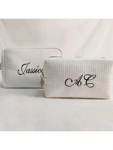 1pc Personalized Embroidered Waffle Jewelry Storage Pouch, Travel Cosmetic Toiletry Bag, Customized Embroidered Makeup Organizer Pouch, Monogram Waffle Makeup Bag - Graduation Gift - Bridesmaid Gift, Classic Makeup Bag Ideal For Dorm Life, Customized Embroidered Mesh Makeup Pouch/Toiletry Organizer, Essential Travel Accessory